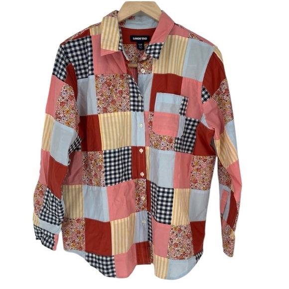 Lands' End Red Pink Casual Button Down Shirt Patchwork Poplin Boyfriend Quilt - Picture 1 of 10